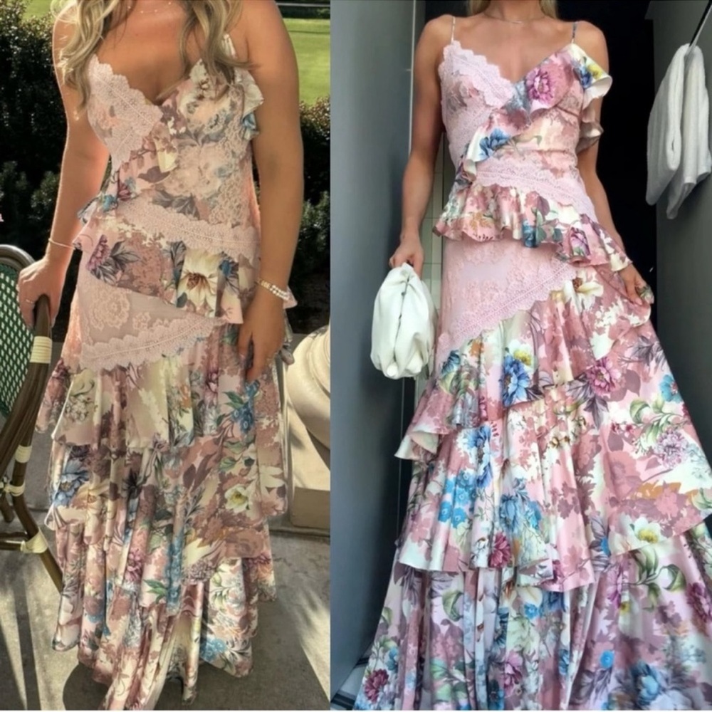 BHLDN Elora Pink Floral Ruffle Lace V Neck Strappy Boho Formal Maxi Dress Gown 2